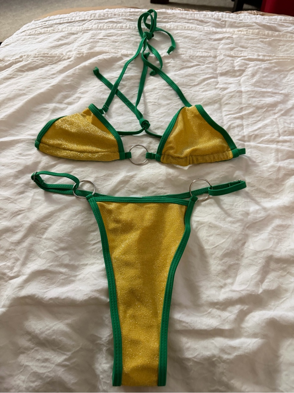 SHEIN Gold and Green Ring-Accent Triangle Bikini